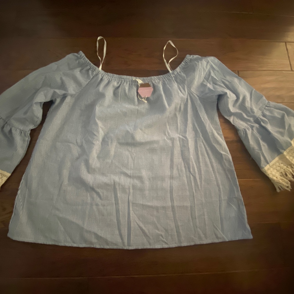 Pinkblush off the shoulder shirt with fringe sleeve